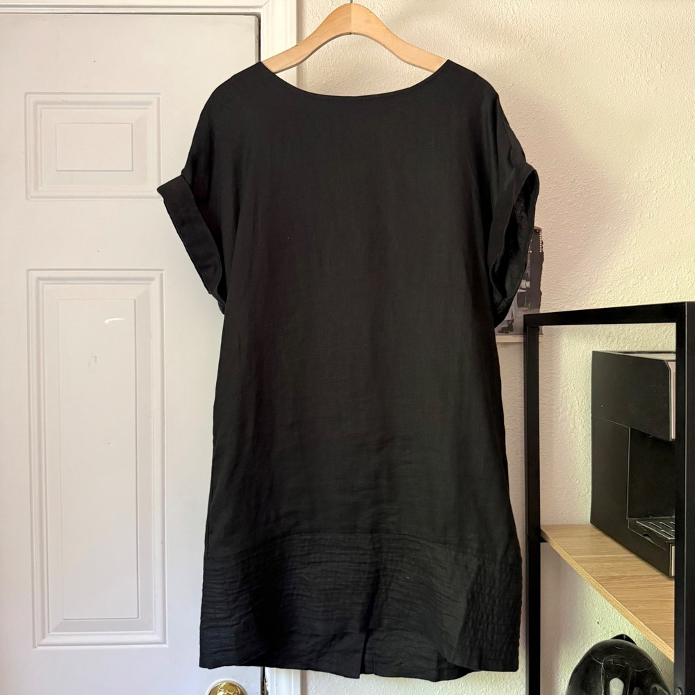 FINLEY black linen lagenlook boat neck shell button up short sleeve mini dress
